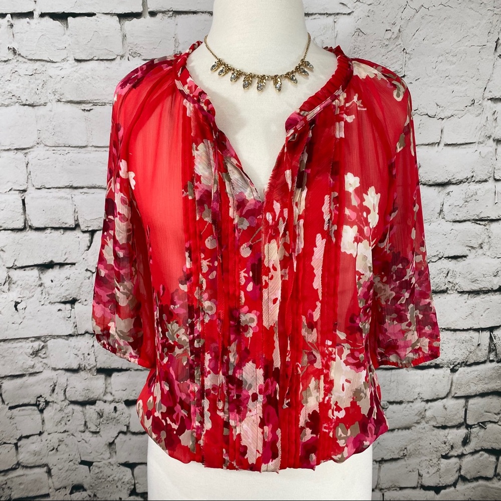Express Red Floral Top Chiffon Style Size Small